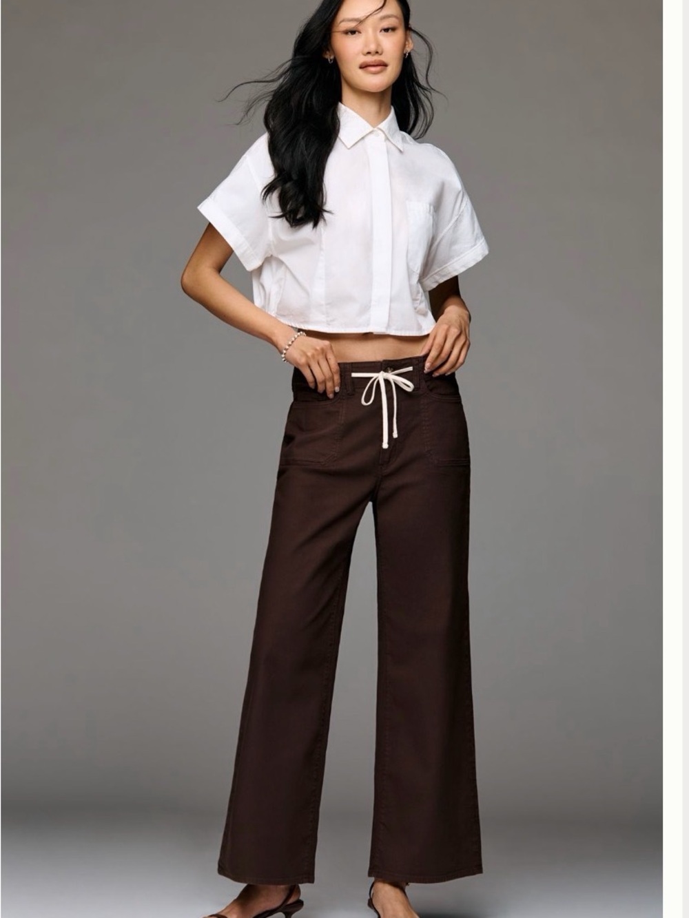 Worn once - PAIGE Ari Tie Waist Brown Wide-Leg Drawstring Pants